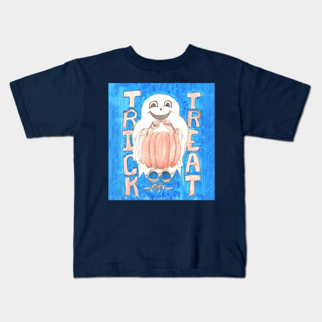 Trick or Treat Ghosty with Pumpkin Pail on Blue Background Kids T-Shirt by CrysOdenkirk